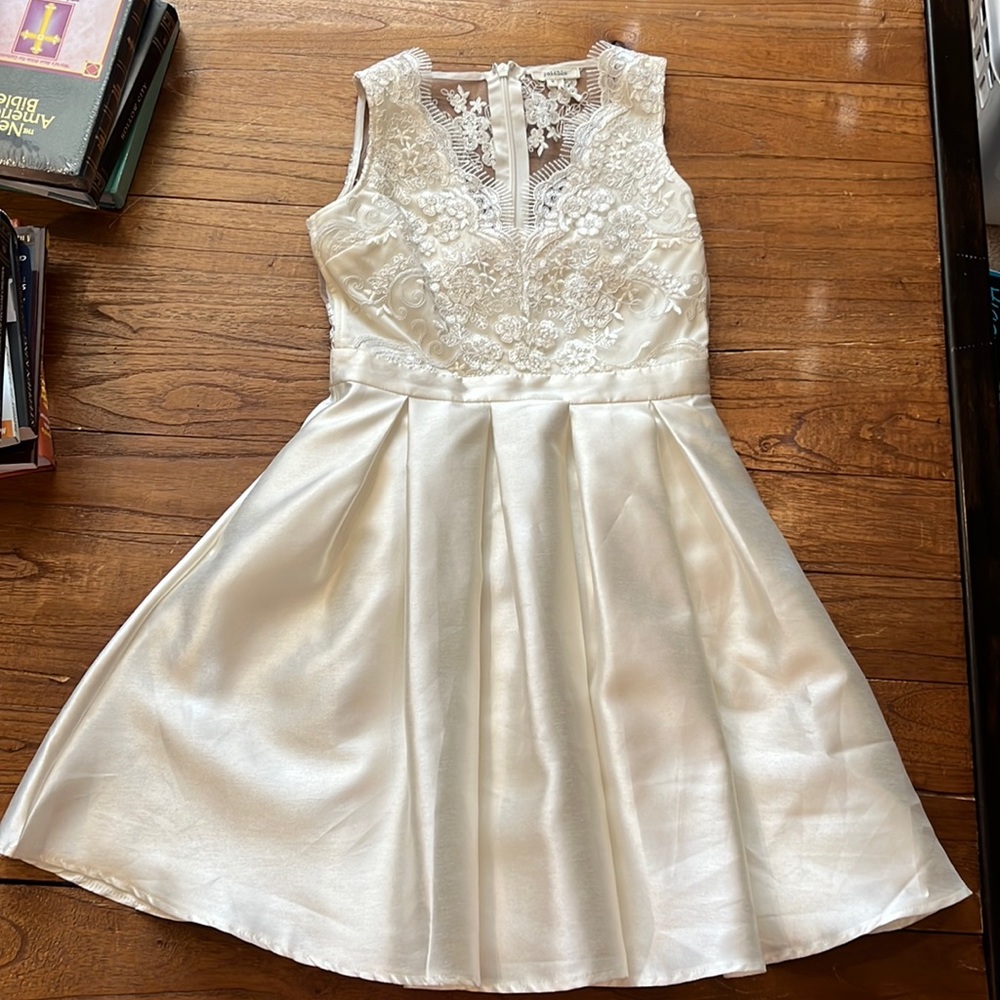 ivory pleated dress with lace top